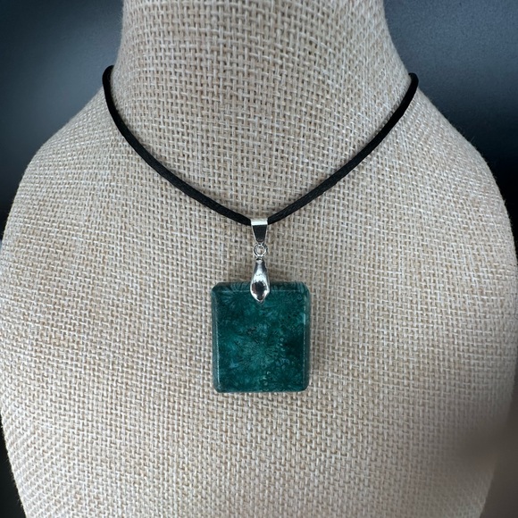 Green Coral Fossil Square Pendant on Black Satin Rope Cord - Picture 11 of 14